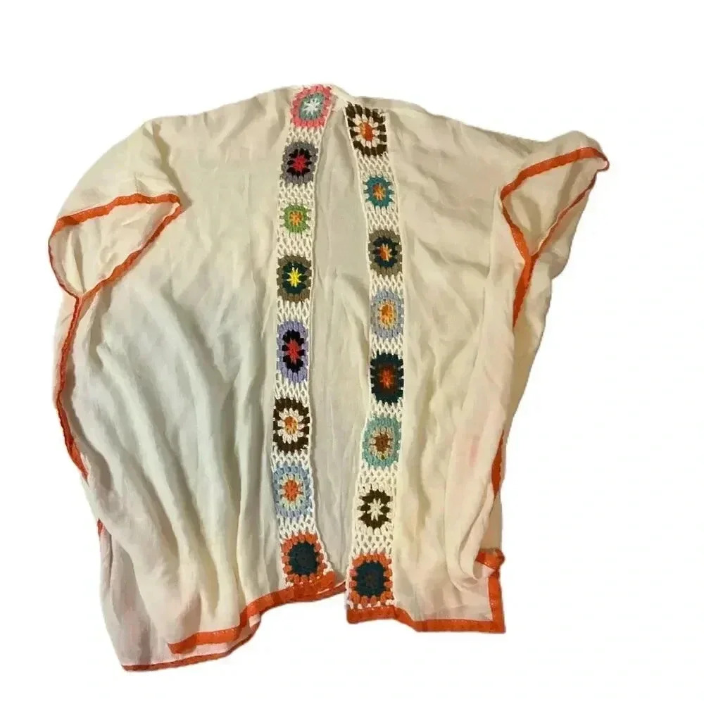 Shiraleah Cream Crochet-Trim Kimono with Multicolor Floral Squares